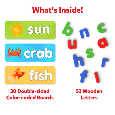 Children’s educational toy set with word-spelling boards and wooden letters for ages 4-7