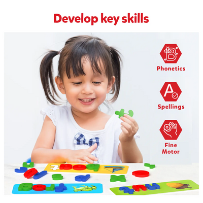 Young child playing with colorful letter and shape puzzles for early learning development