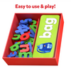 Red box with colorful letter tiles and a green flashcard with bag and backpack image