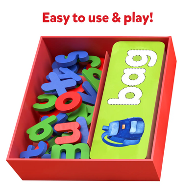 Red box with colorful letter tiles and a green flashcard with bag and backpack image