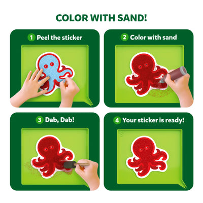 Four-step Sand Art Sticker Guide from the Sand & Sunshine Fun Bundle for ages 4-12