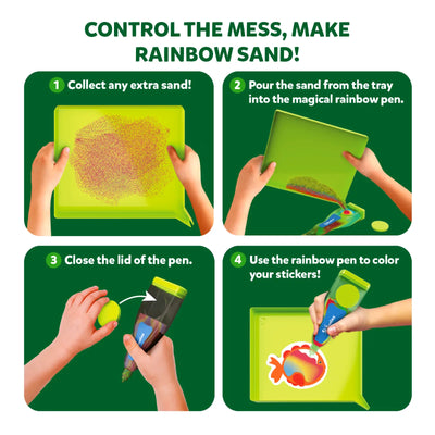 Green play mat with colorful sand art instructions from the Sand & Sunshine Fun Bundle