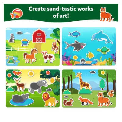 Children’s sand art activity set with four animal-themed scenes for creative fun