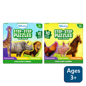 Two sets of Skillmatics Step-by-Step Puzzles featuring Wild Animals and Farm Animals for ages 3+