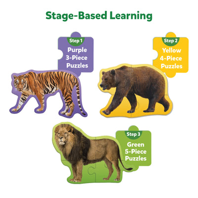Three animal-shaped jigsaw puzzles of different piece counts from Step By Step Puzzle Combo for ages 3+