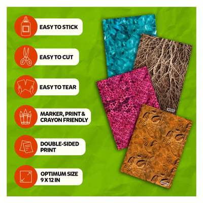 Patterned construction paper set with easy sticking, cutting, tearing, double-sided print, 9x12 inches