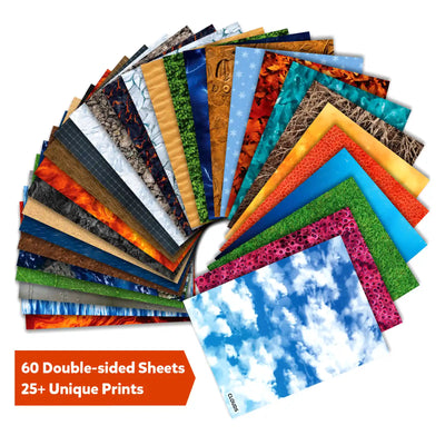 Fan of sixty double-sided sheets with science-inspired textures for craft projects