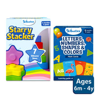 Colorful stack and read combo with a giraffe in overalls and star-shaped silicone stackers