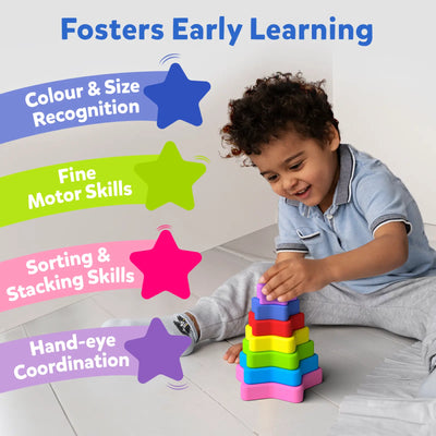 Child playing with colorful star-shaped stacking toy from Colourful Stack and Read Combo