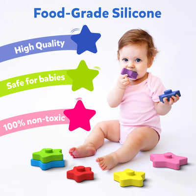Baby playing with colorful food-grade silicone star-shaped stacking toys from Colourful Stack and Read Combo