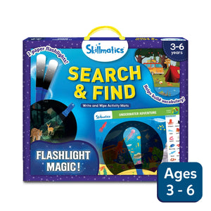 Skillmatics Search & Find Flashlight Magic activity kit with paper flashlights and reusable mats for ages 3-6