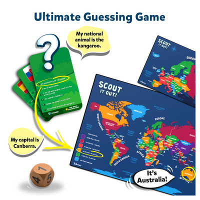 Geography-themed trivia game with cards, world map, and die for ages 7+