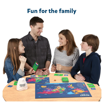 Family playing Scout it Out Countries of The World trivia board game