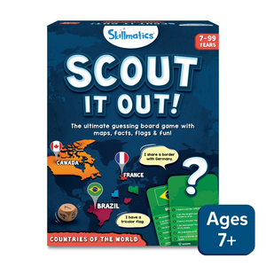 Scout It Out world map board game box with country clues for ages 7 and up