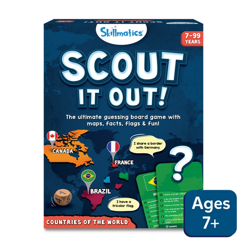 Scout It Out world map board game box with country clues for ages 7 and up