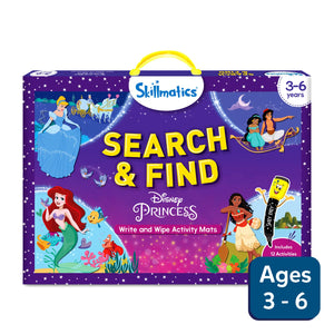 Disney Princess-themed Search and Find activity mat set with Write and Wipe for ages 3-6