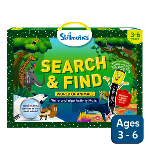 Skillmatics Search & Find World of Animals activity kit with reusable write and wipe mats for ages 3-6
