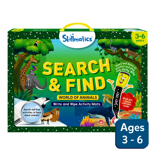 Skillmatics Search & Find World of Animals activity kit with reusable write and wipe mats for ages 3-6