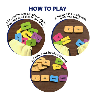 Colorful word tiles for building sentences in Sentence Search activity for ages 5-8