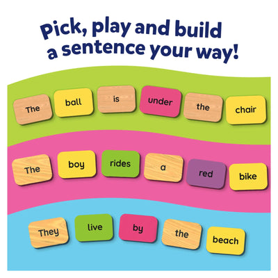 Colorful word tiles for building sentences in Sentence Search activity for ages 5-8
