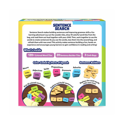 Colorful Sentence Search educational game with word tiles for ages 5-8 to build sentences