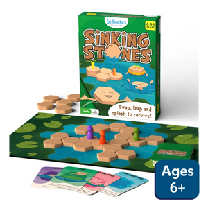 Sinking Stones strategy board game with hex tiles, player pawns, and game cards