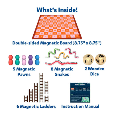 Components of a magnetic Snakes and Ladders board game for ages 4 and up