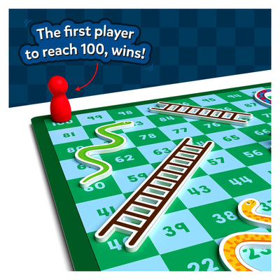 Snakes and Ladders magnetic game board with red pawn, ladders, and snakes for ages 4+