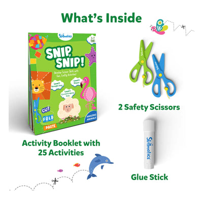Snip Snip Amazing Animals art and craft activity kit for ages 3-7 with scissors and glue