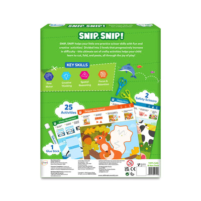 Green Snip Snip craft kit for children with safety scissors, glue stick, and activities