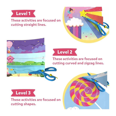 Educational cutting activities for children categorized by increasing difficulty in the Cut Paste & Create Combo for ages 3-7