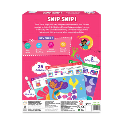 Pink Snip Snip craft kit for kids with scissors, glue stick, and unicorn and princess activities