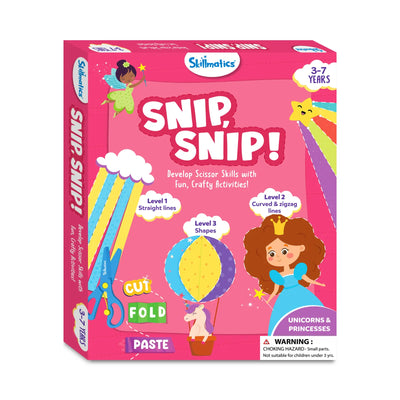 Pink children’s craft kit with unicorns and princesses for developing scissor skills