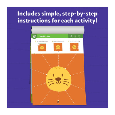 Open activity book with paper lion craft instructions from Snip Snip Art & Craft Kit for ages 3-7