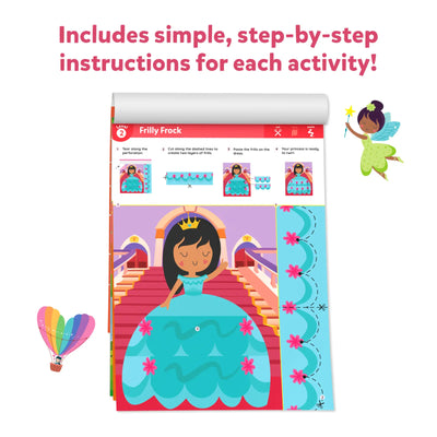 Activity book page with princess dress craft instructions and decorative cut-outs for kids