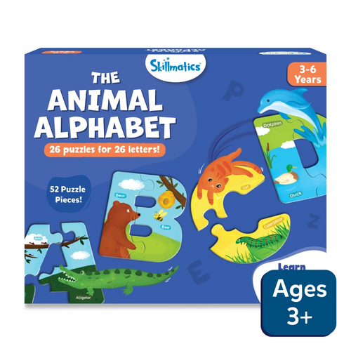Children’s alphabet puzzle set featuring colorful animal-themed jigsaw pieces for ages 3-6