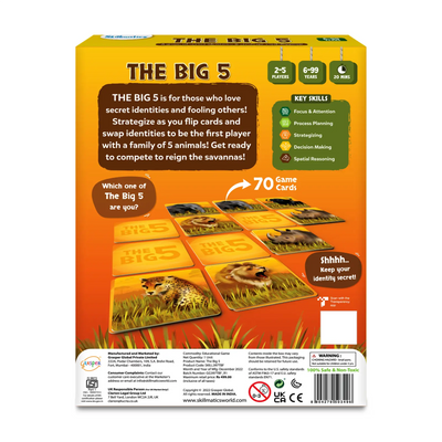 Back of The Big 5 animal-themed game box with 70 cards for ages 6 to 99