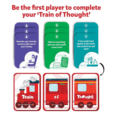 Card-based game with question and train-themed completion cards from Think Connect & Create Bundle