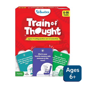 Red Train of Thought game box with game cards and age ratings for ages 6 and up