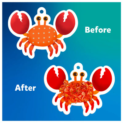 Two-panel craft project of a crab with polka dot body and ruffled fabric cover for Kids