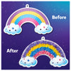 Craft kit for creating textured rainbow and cloud decorations, before and after stages