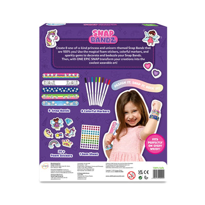 Craft kit for making princess and unicorn-themed bracelets from Snap Bandz for kids ages 4-10