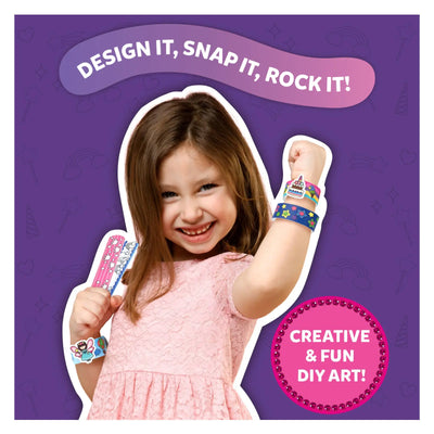 Young girl holding colorful DIY Snap Bandz Unicorns and Princesses slap bracelets