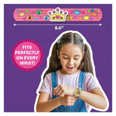 Child’s slap bracelet with princess crown design, hearts, and small crowns from Snap Bandz