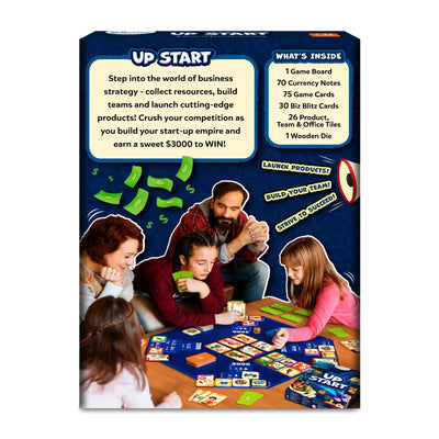 Up Start entrepreneurship board game box showing gameplay and contents for ages 7+