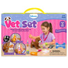 Skillmatics Vet Set toy packaging with a pink carry case design and large display windows. The box highlights 30+ pieces for ages 3–8, includes a realistic vet clinic playset with spray bottle, felt ticks, X-ray sheets, and plush puppy, plus carry handle and safety warning.