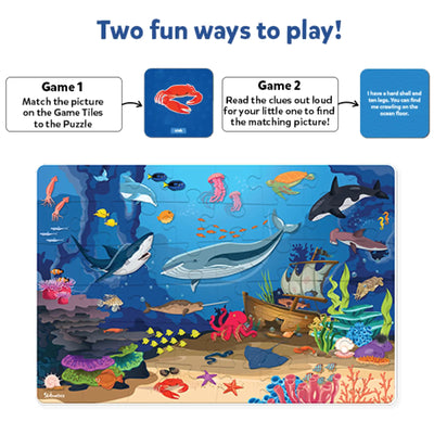 Educational ocean-themed jigsaw puzzle with removable game tiles for ages 3-8 in Magical Underwater Animal Adventure