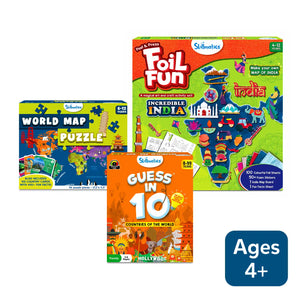 Educational children’s games and puzzles including world map puzzle and India craft set