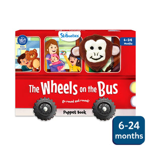 Red bus-shaped children’s puppet book with The Wheels on the Bus song for ages 6-24 months
