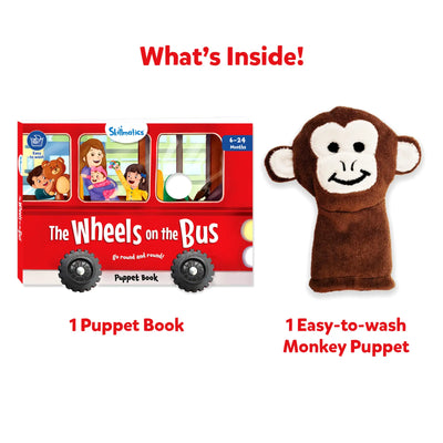 Puppet Book The Wheels on the Bus with easy-to-wash monkey puppet for kids